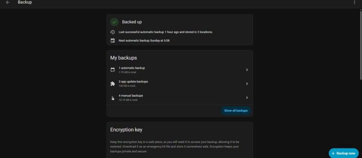 Home Assistant Backups page showing backup status, My backups summary and the Backup now button