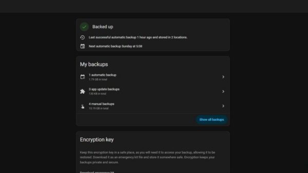 Home Assistant Backups page showing backup status, My backups summary and the Backup now button