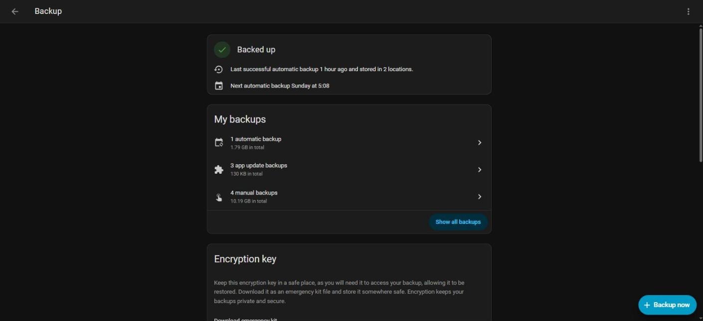 Home Assistant Backups page showing backup status, My backups summary and the Backup now button