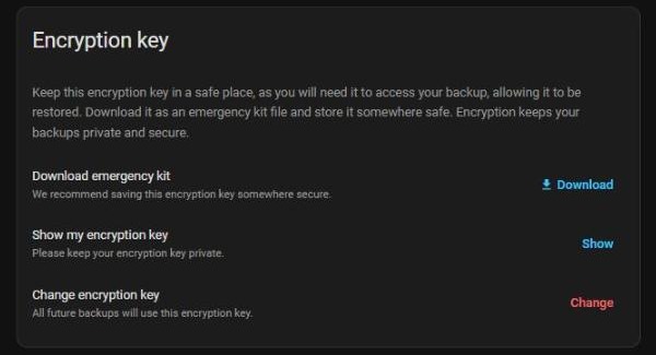 Encryption key section with Download emergency kit, Show my encryption key and Change encryption key options