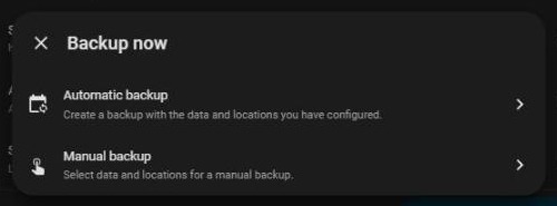 Backup now dialog offering Automatic backup or Manual backup