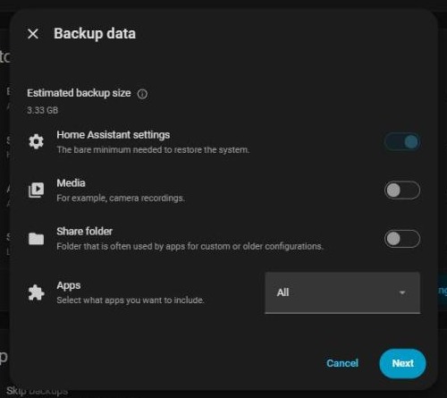 Manual backup data step with toggles for Home Assistant settings, media, share folder and apps