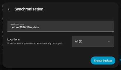 Manual backup name and locations step with the Create backup button