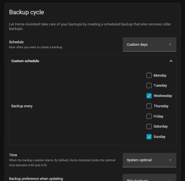 Automatic backups settings page showing the backup schedule options