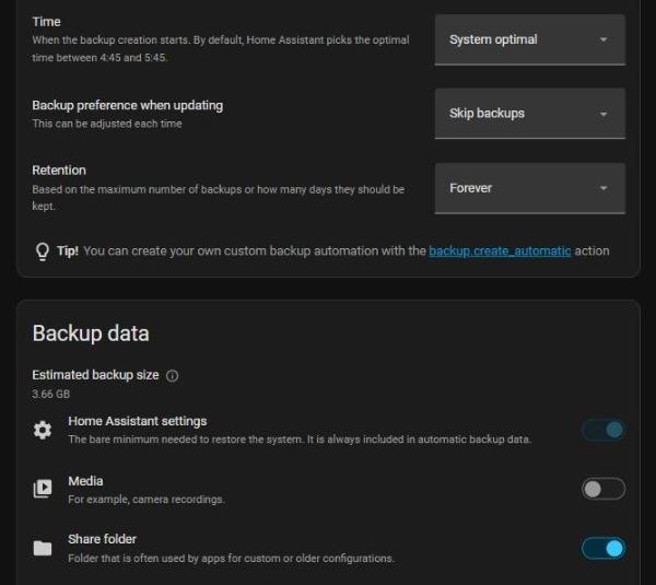 Automatic backup time, update backup preference, retention and backup data settings