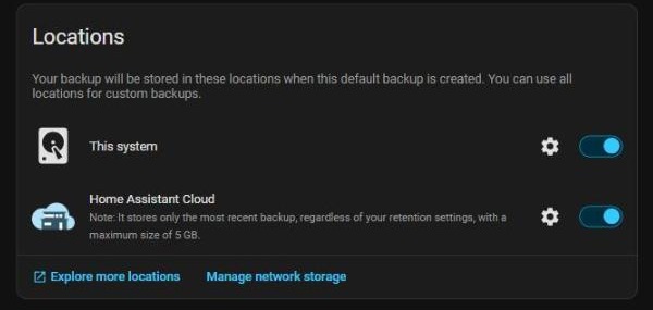 Backup locations list with This system and Home Assistant Cloud, each with an encryption cog