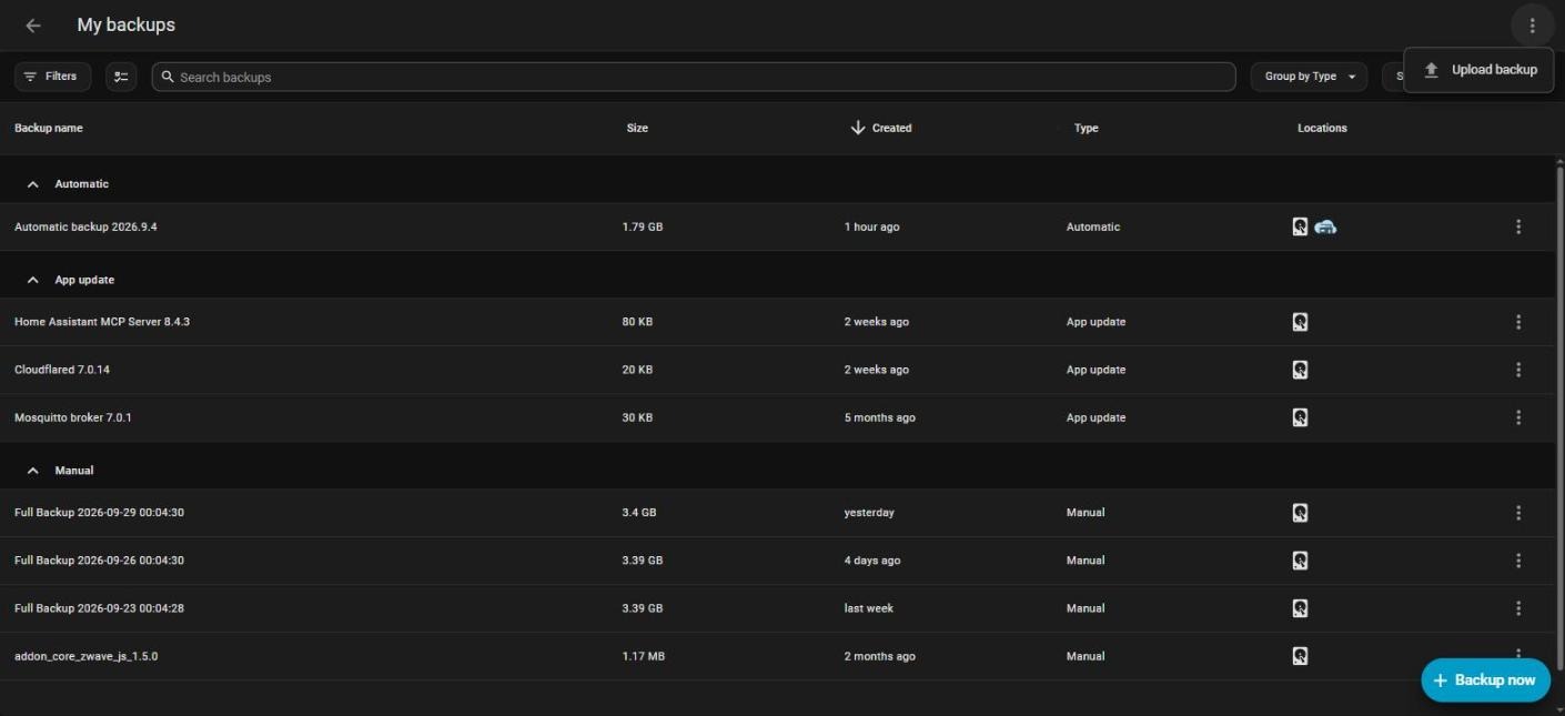 My backups list with the three-dot menu open showing Upload backup