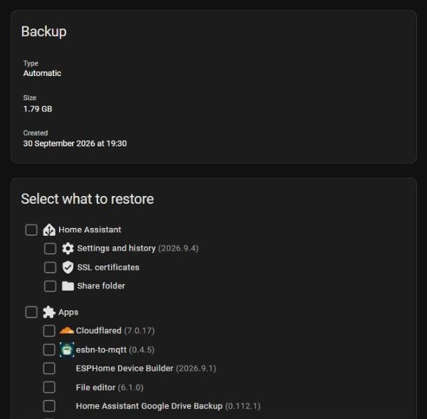 Backup detail page with the Select what to restore checklist
