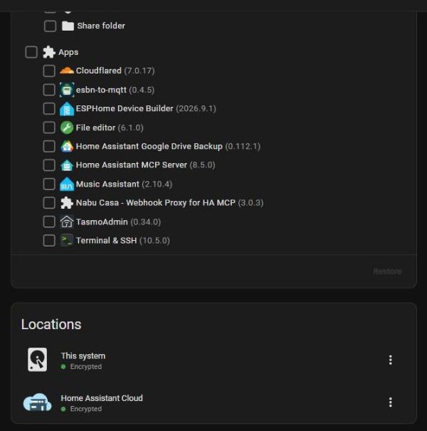 Restore button and backup locations marked as encrypted on the backup detail page