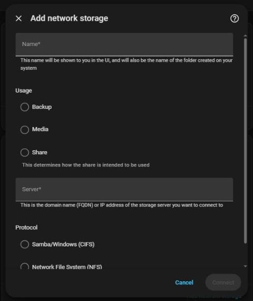 Add network storage dialog with name, usage, server and protocol fields