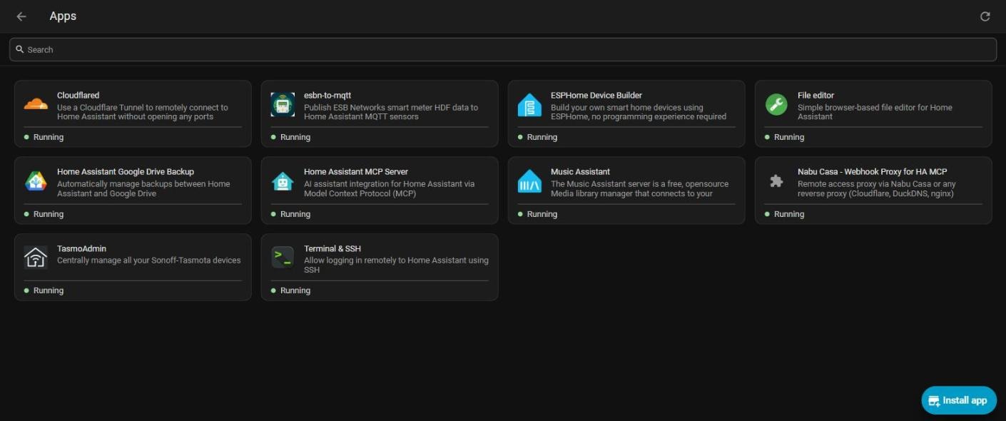 Home Assistant Settings, Apps page listing installed apps with the Install app button