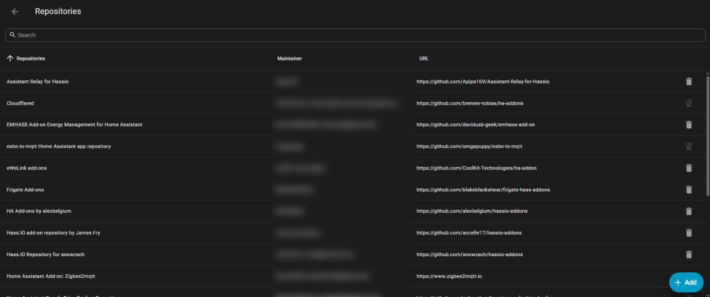 Home Assistant Repositories page listing app repositories with the Add button