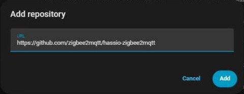 Add repository dialog with the Zigbee2MQTT repository URL entered