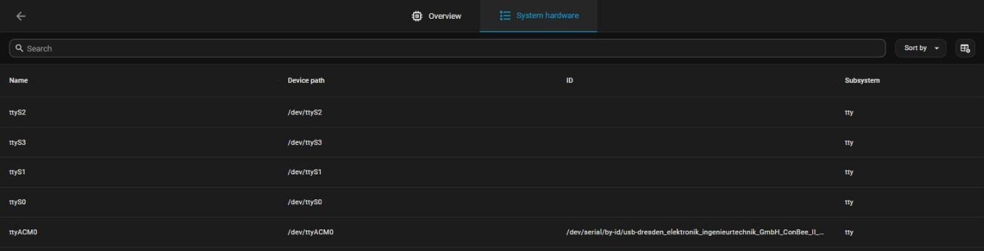 Home Assistant System hardware list filtered to serial devices, showing a Zigbee coordinator by-id path