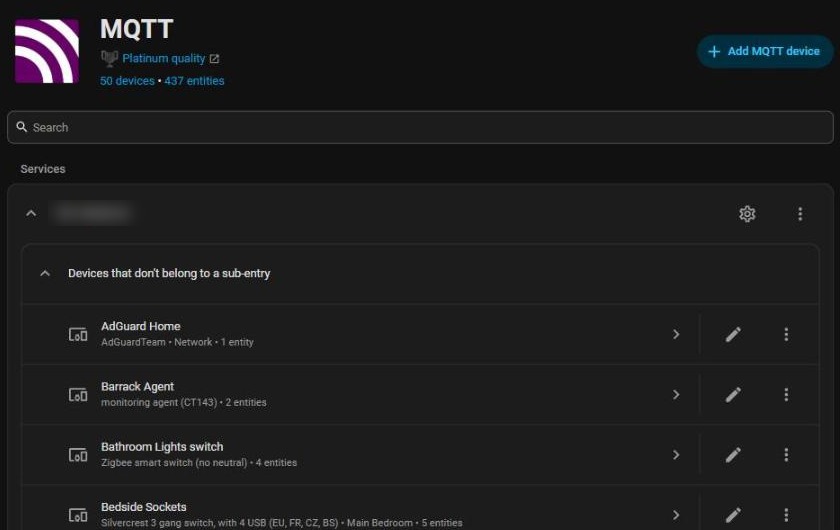 MQTT integration page in Home Assistant listing devices discovered from Zigbee2MQTT