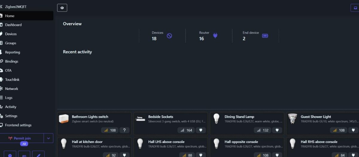 Zigbee2MQTT frontend home page with device overview and the Permit join button
