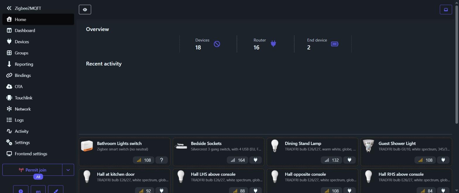 Zigbee2MQTT frontend home page with device overview and the Permit join button