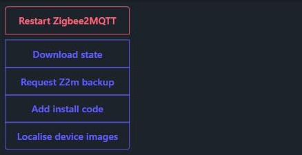 Zigbee2MQTT Tools tab with Request Z2m backup and Download state buttons