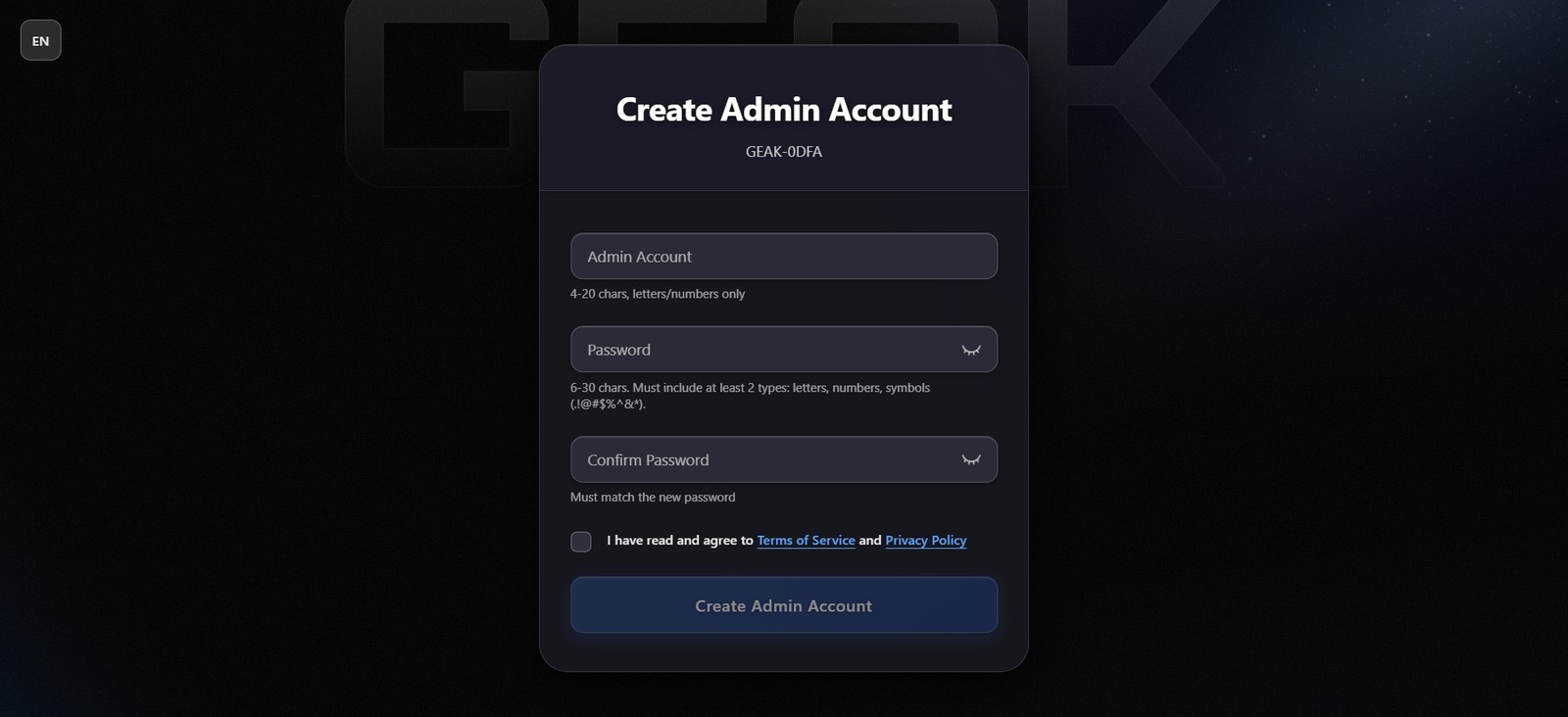 GEAK NAS Create Admin Account page with username, password and terms checkbox