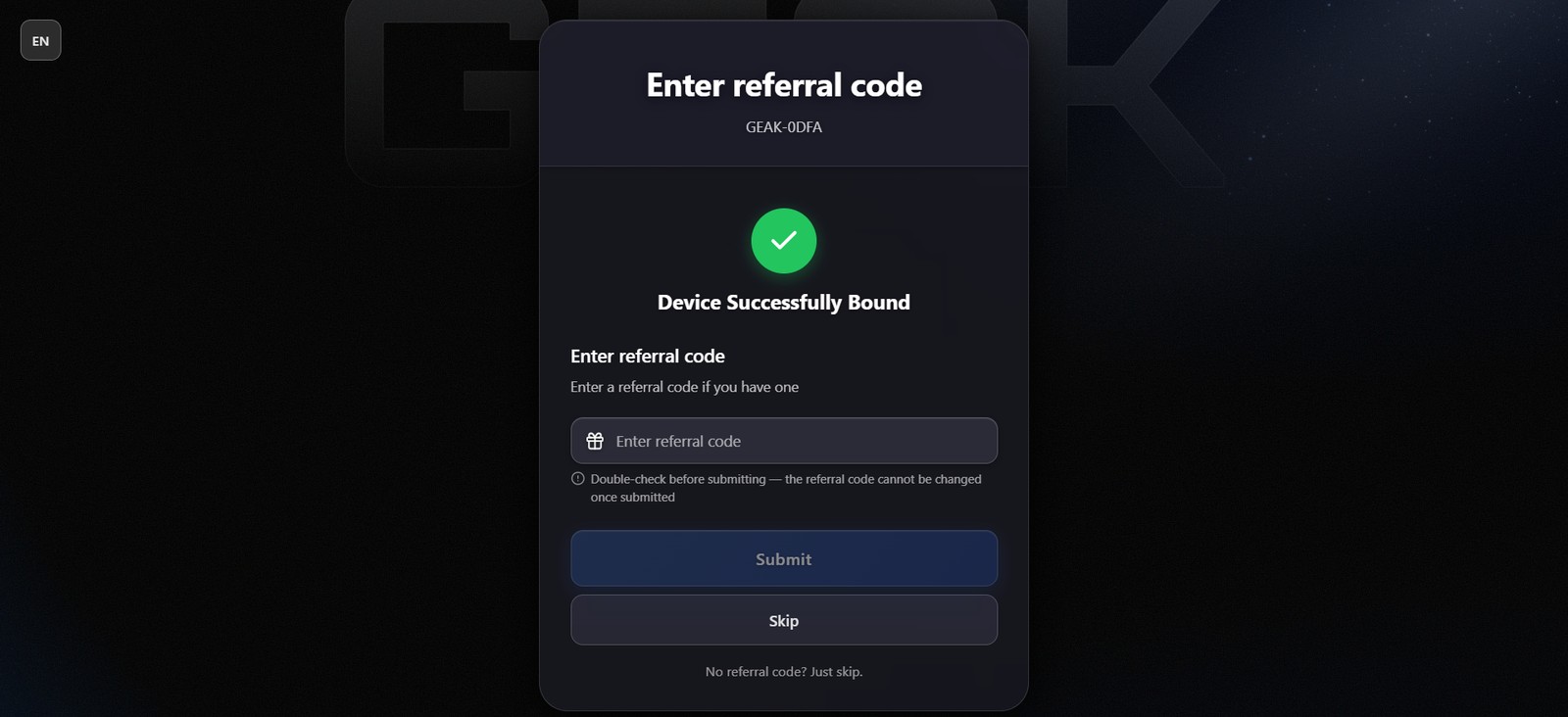 GEAK NAS Device Successfully Bound screen asking for a referral code with a Skip button