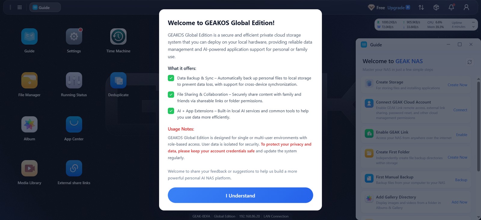 GEAK OS web desktop with the Welcome to GEAKOS Global Edition dialog and the Guide checklist