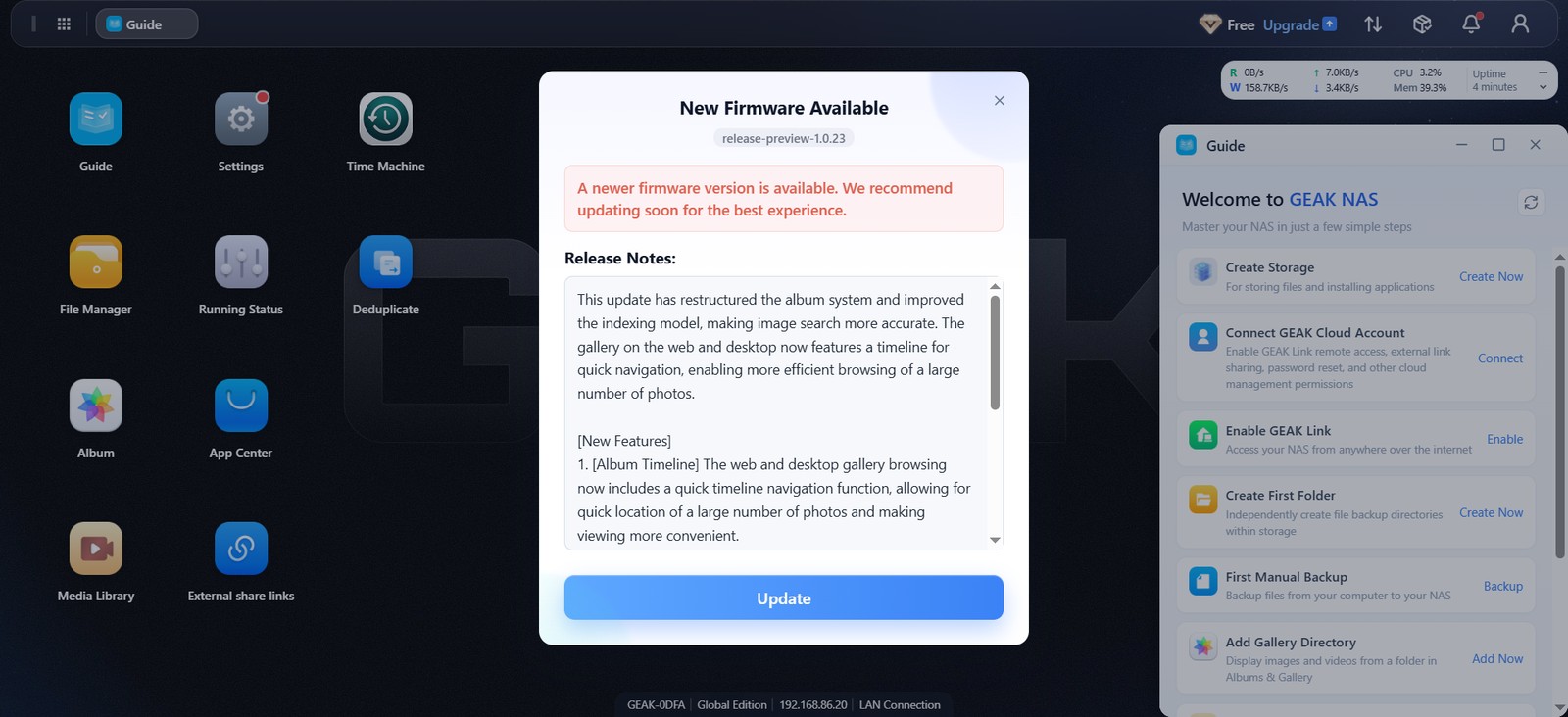 GEAK OS New Firmware Available dialog for release-preview-1.0.23 with release notes
