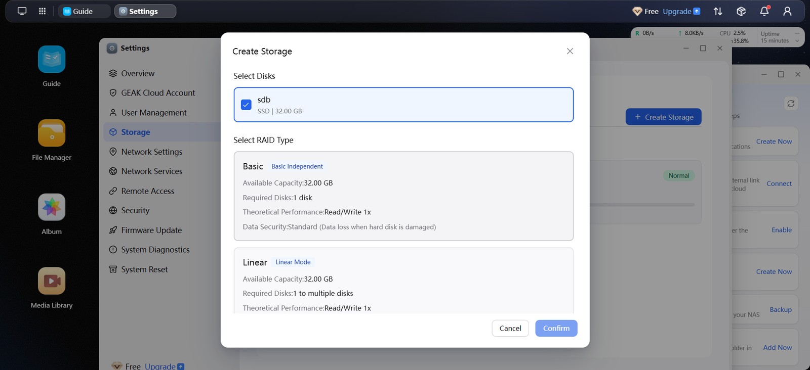 GEAK OS Create Storage dialog with disk sdb selected and Basic and Linear RAID types described