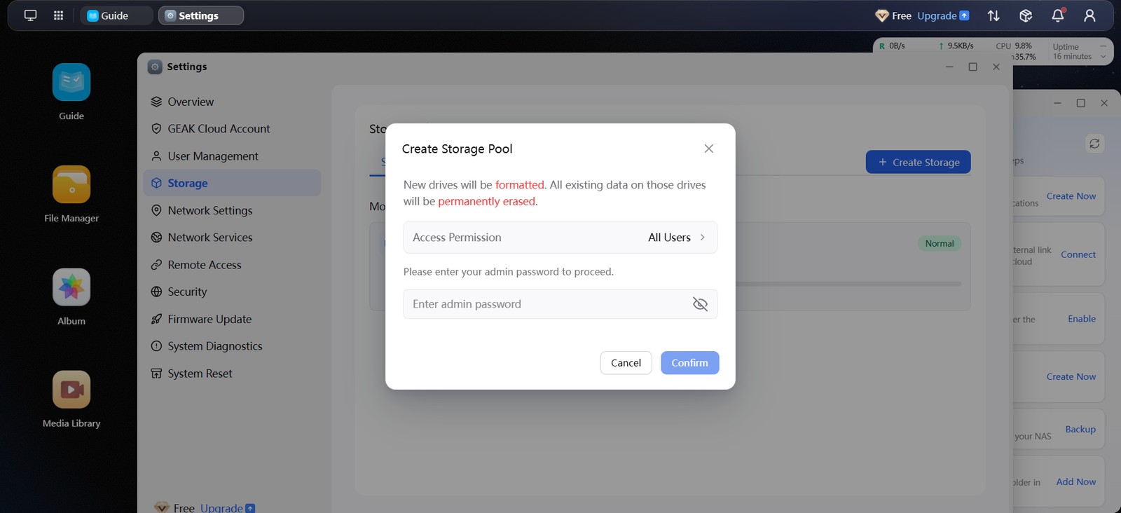 GEAK OS Create Storage Pool confirmation warning that drives will be formatted and asking for the admin password