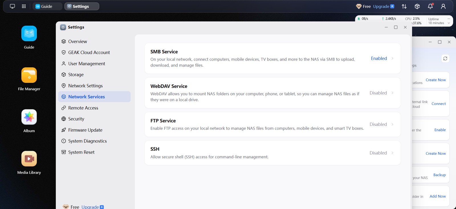 GEAK OS Network Services page with SMB enabled and WebDAV, FTP and SSH disabled