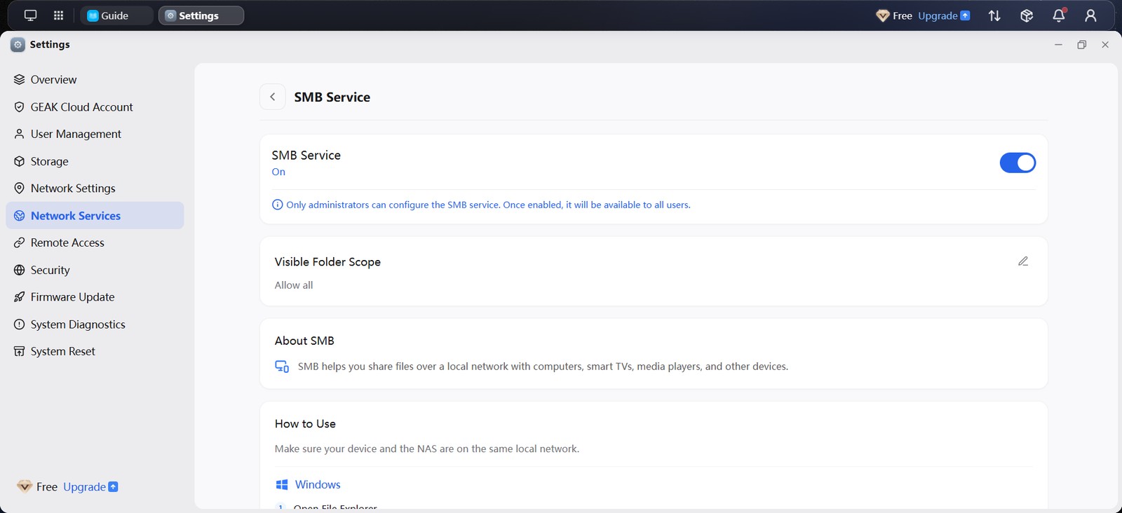 GEAK OS SMB Service settings page with an on/off switch and Visible Folder Scope