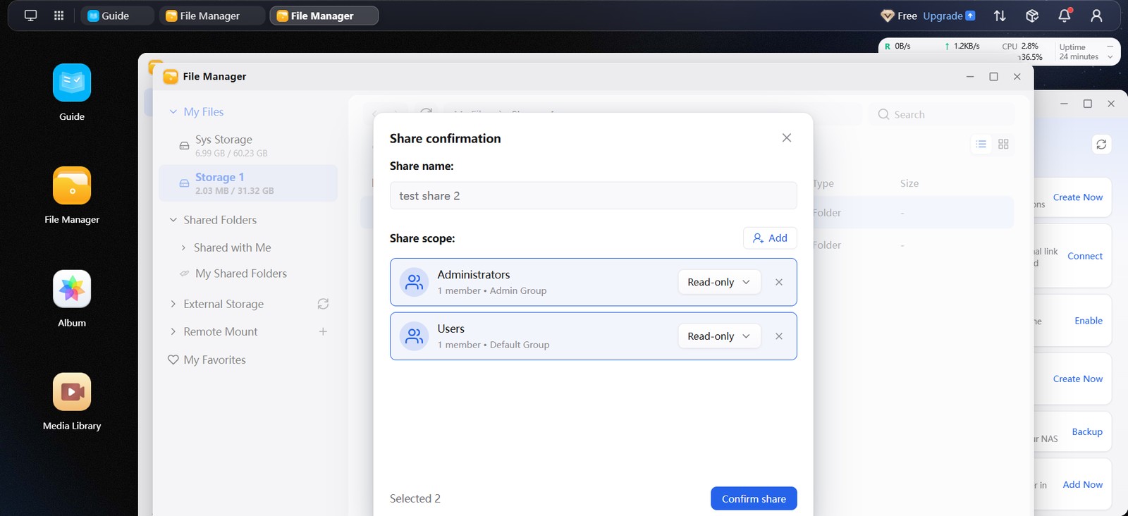 GEAK OS Share confirmation dialog with Administrators and Users groups both set to Read-only