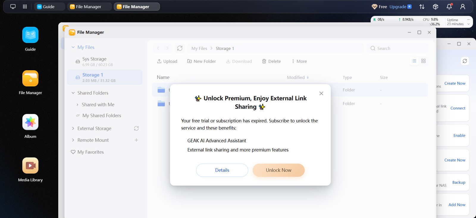 GEAK OS Unlock Premium dialog saying the free trial or subscription has expired