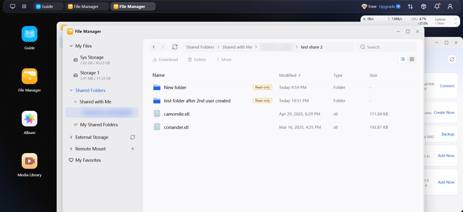 GEAK OS File Manager as a second user now showing four items, with folders marked Read-only