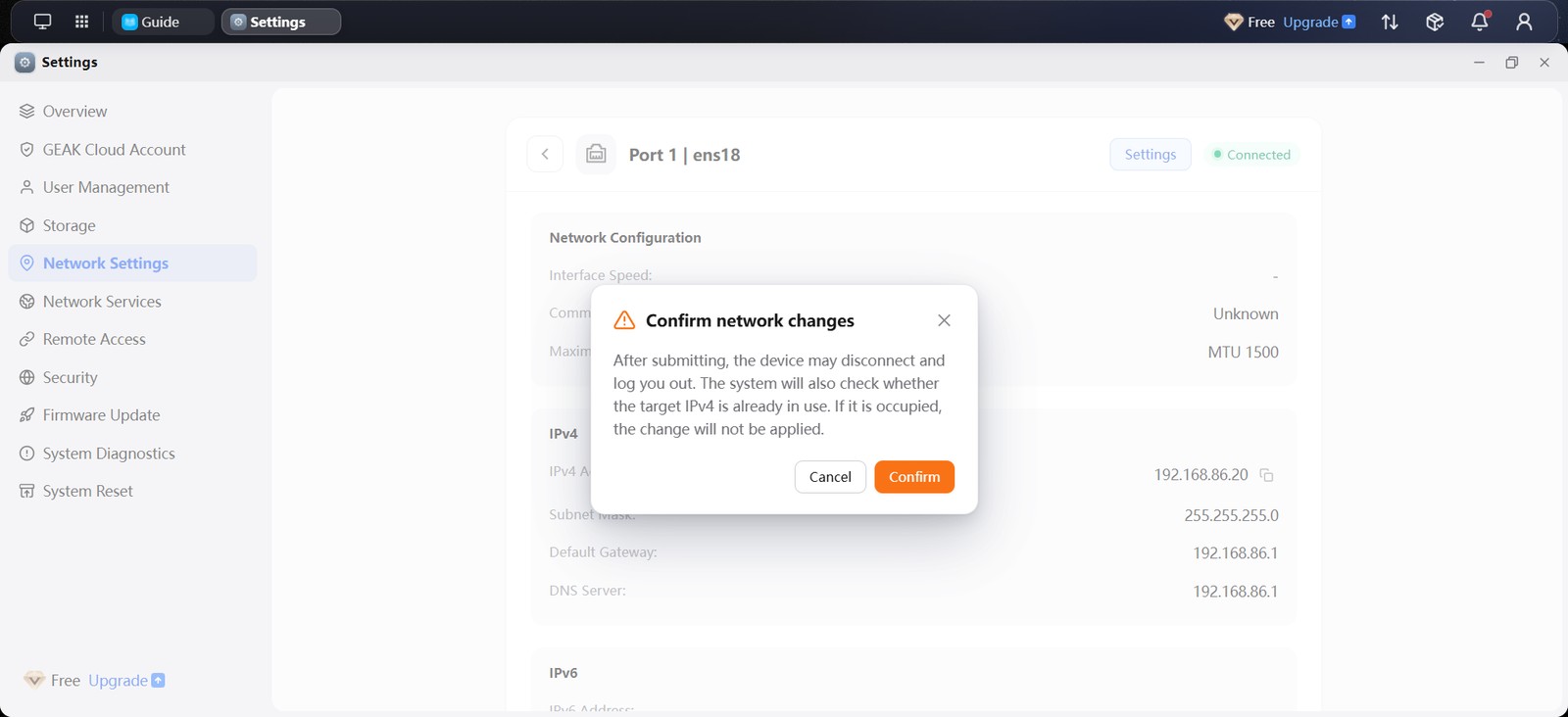GEAK OS Confirm network changes dialog warning that the device may disconnect
