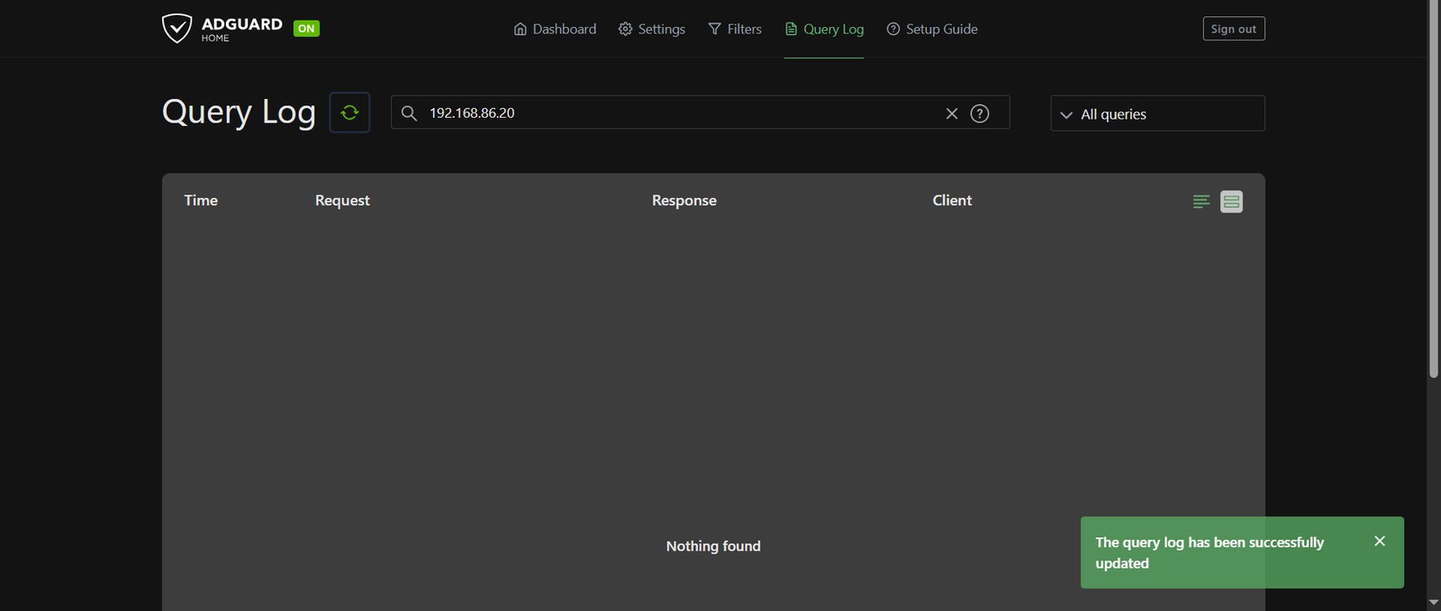 AdGuard Home query log filtered by the NAS IP address showing Nothing found