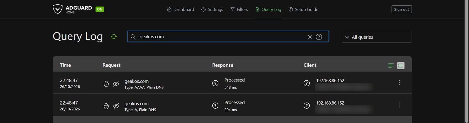 AdGuard Home query log showing a test lookup of geakos.com from a laptop
