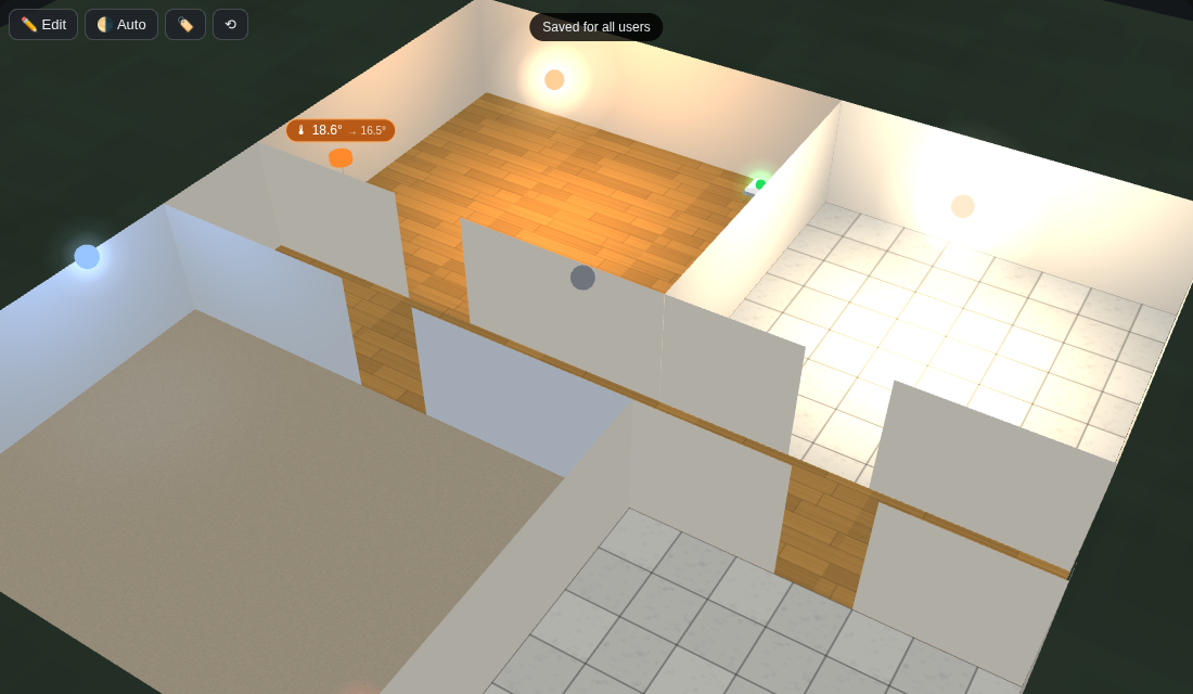 House 3D Card in day mode showing rooms with wood and tile floors