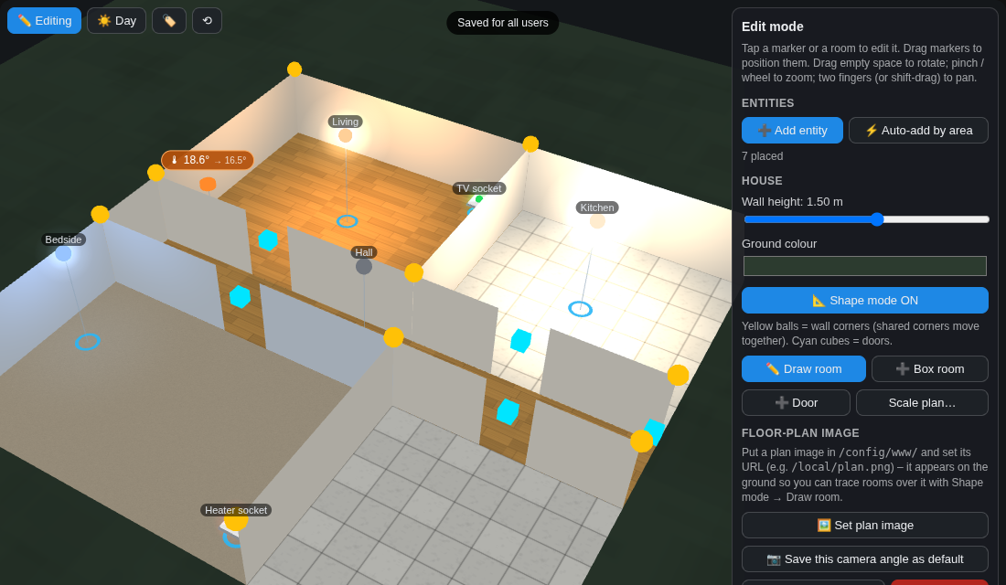 House 3D Card edit mode with draggable wall corners and doors