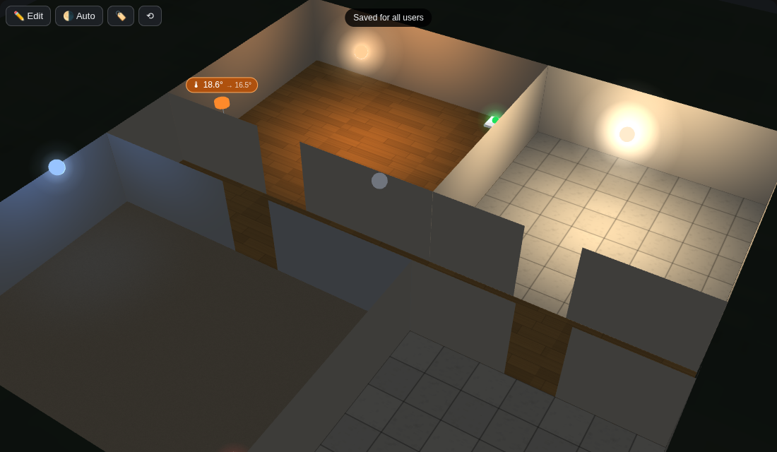 House 3D Card at night: rooms lit in the colour and brightness of their real lights
