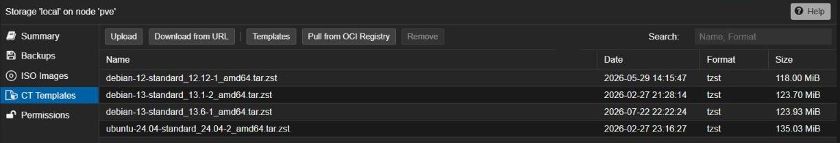 Proxmox VE local storage CT Templates tab listing downloaded Debian 12, Debian 13 and Ubuntu 24.04 container templates
