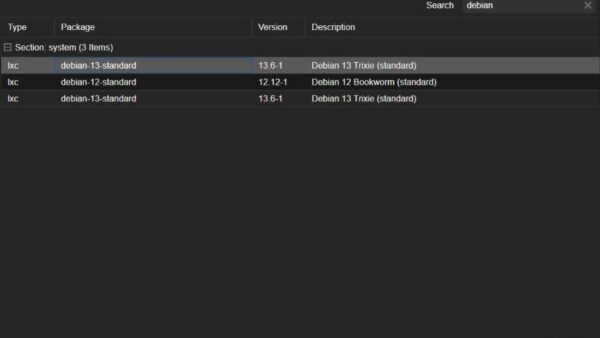 Proxmox Templates dialog filtered to debian, with debian-13-standard selected and the Download button