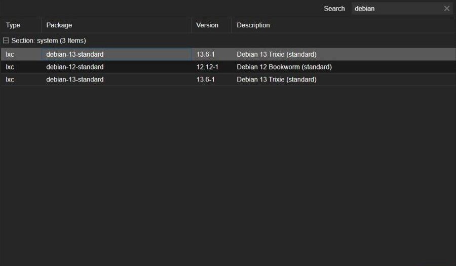 Proxmox Templates dialog filtered to debian, with debian-13-standard selected and the Download button