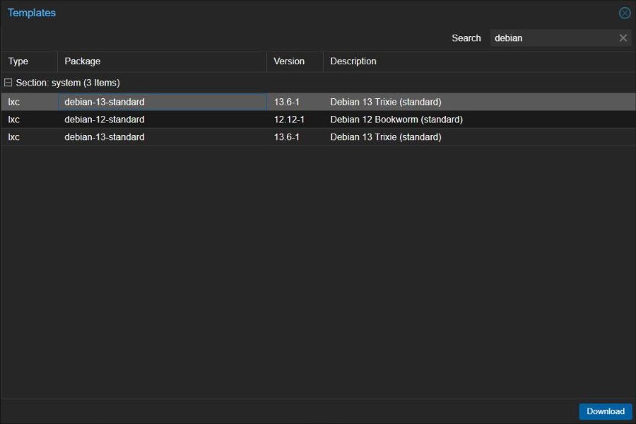 Proxmox Templates dialog filtered to debian, with debian-13-standard selected and the Download button