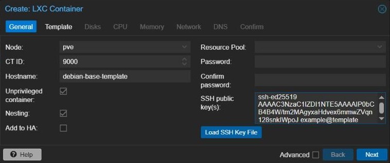 Proxmox Create LXC Container wizard General tab with CT ID 9000, hostname debian-base-template and Unprivileged container ticked