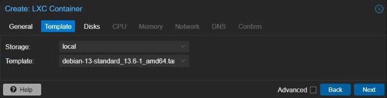 Proxmox Create LXC Container wizard Template tab with debian-13-standard selected from local storage