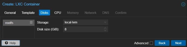 Proxmox Create LXC Container wizard Disks tab with an 8 GiB root disk on local-lvm