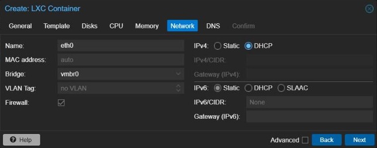 Proxmox Create LXC Container wizard Network tab with bridge vmbr0, IPv4 set to DHCP and Firewall ticked