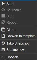 Proxmox right-click menu on a stopped container showing Clone and Convert to template
