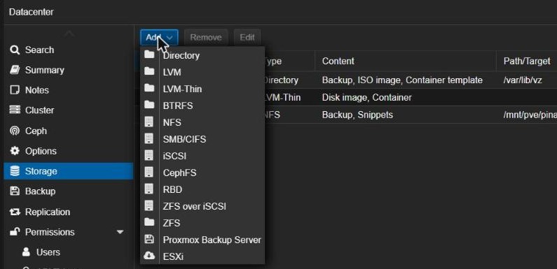 Proxmox VE Datacenter Storage Add menu with the Proxmox Backup Server option