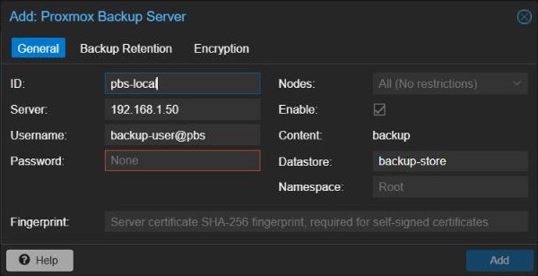Proxmox VE Add Proxmox Backup Server dialog, General tab with ID, server, username, datastore and fingerprint fields
